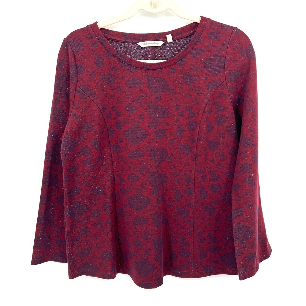Soft Surroundings Jeri Jacquard Top metallic cranberry red blue floral S